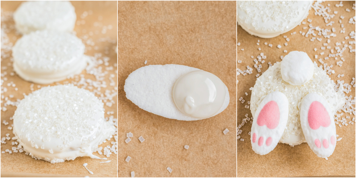A series of process images showing how to decorate white chocolate covered Oreos to look like bunny butts.
