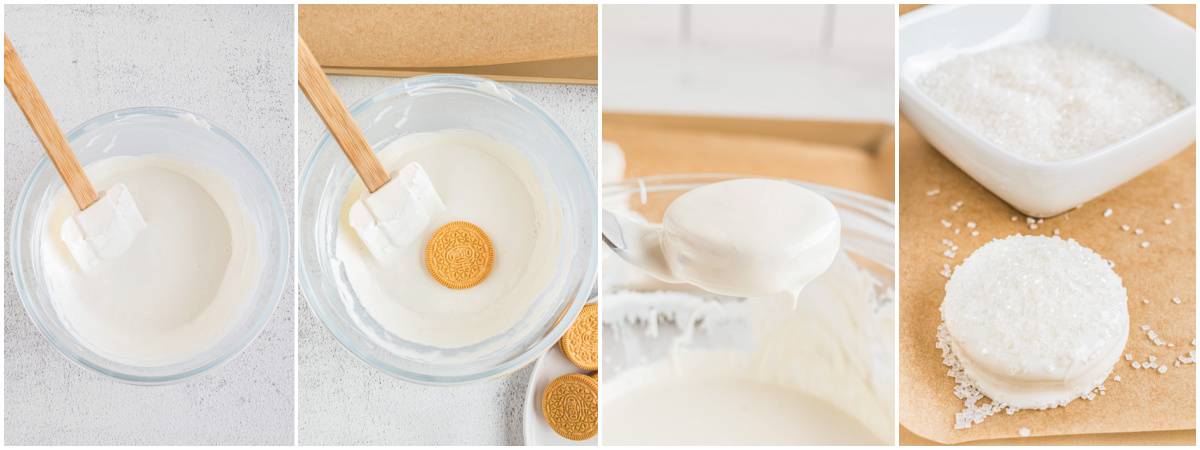 A series of process photos showing how to make bunny butt cookies with golden oreos, white chocolate, sprinkles and candy feet.