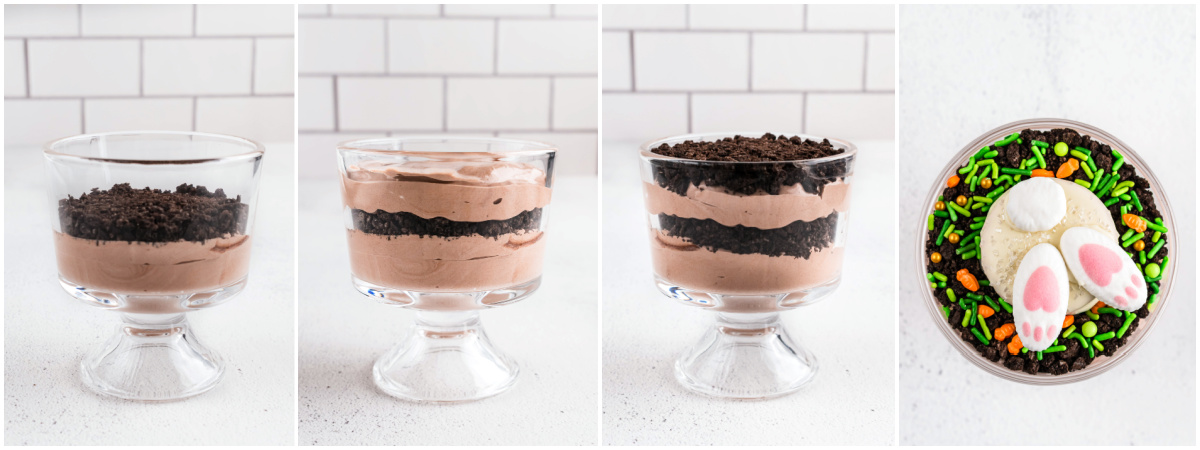 A series of process photos showing how to layer dirt cups for Easter trifles.