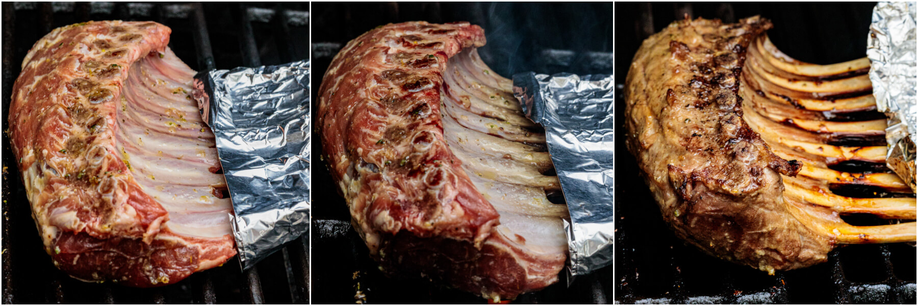 A series of process images showing how to grill a rack of lamb.
