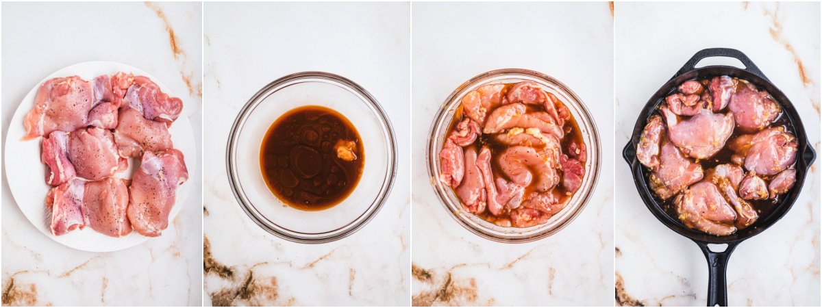 A series of process images showing how to marinate chicken thighs.