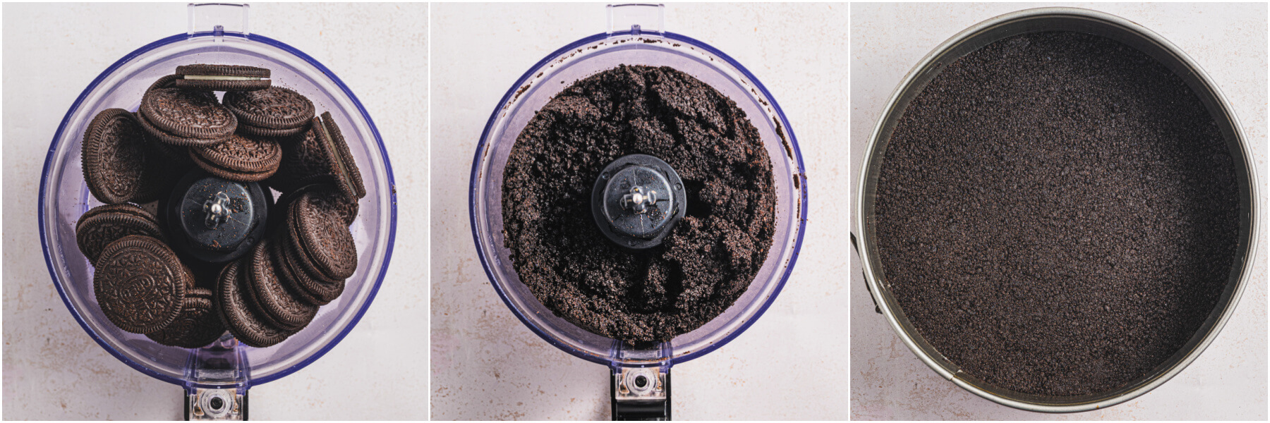 A series of process images showing how to make cheesecake crust using oreo cookies.