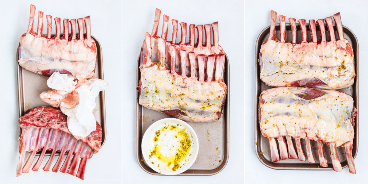 A series of process images showing how to prepare a rack of lamb for grilling.