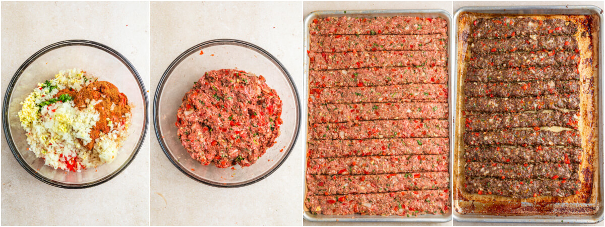 A series of process photos showing how to mix up kebab meat and cook it on a sheet pan.