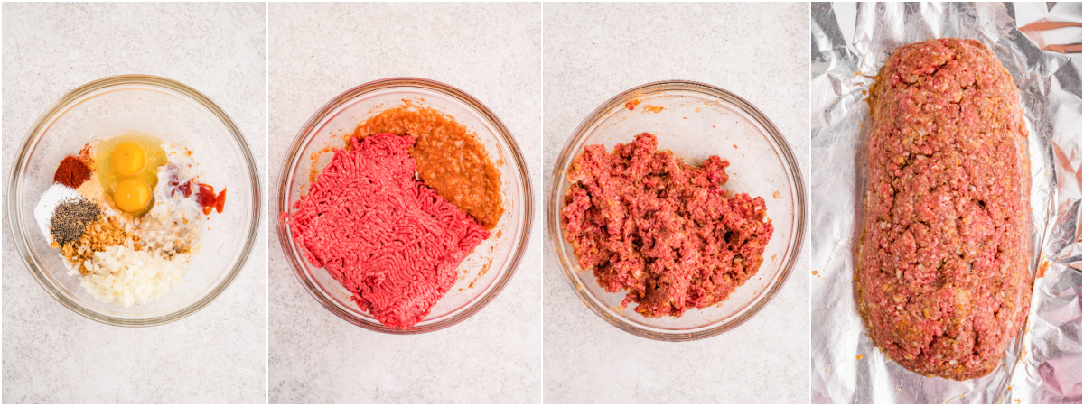 A series of process photos showing how to mix and shape a meatloaf.