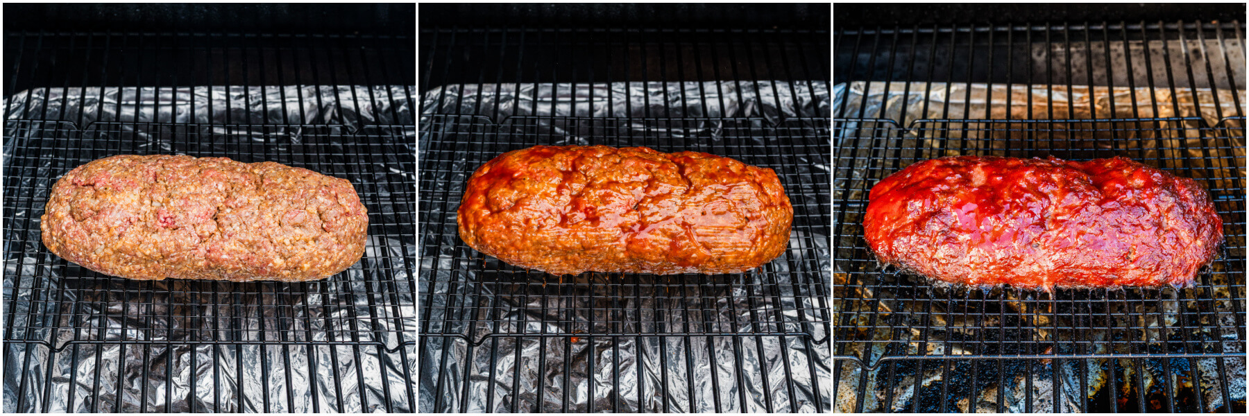 A series of process photos showing a smoked meatloaf during various stages of smoking.