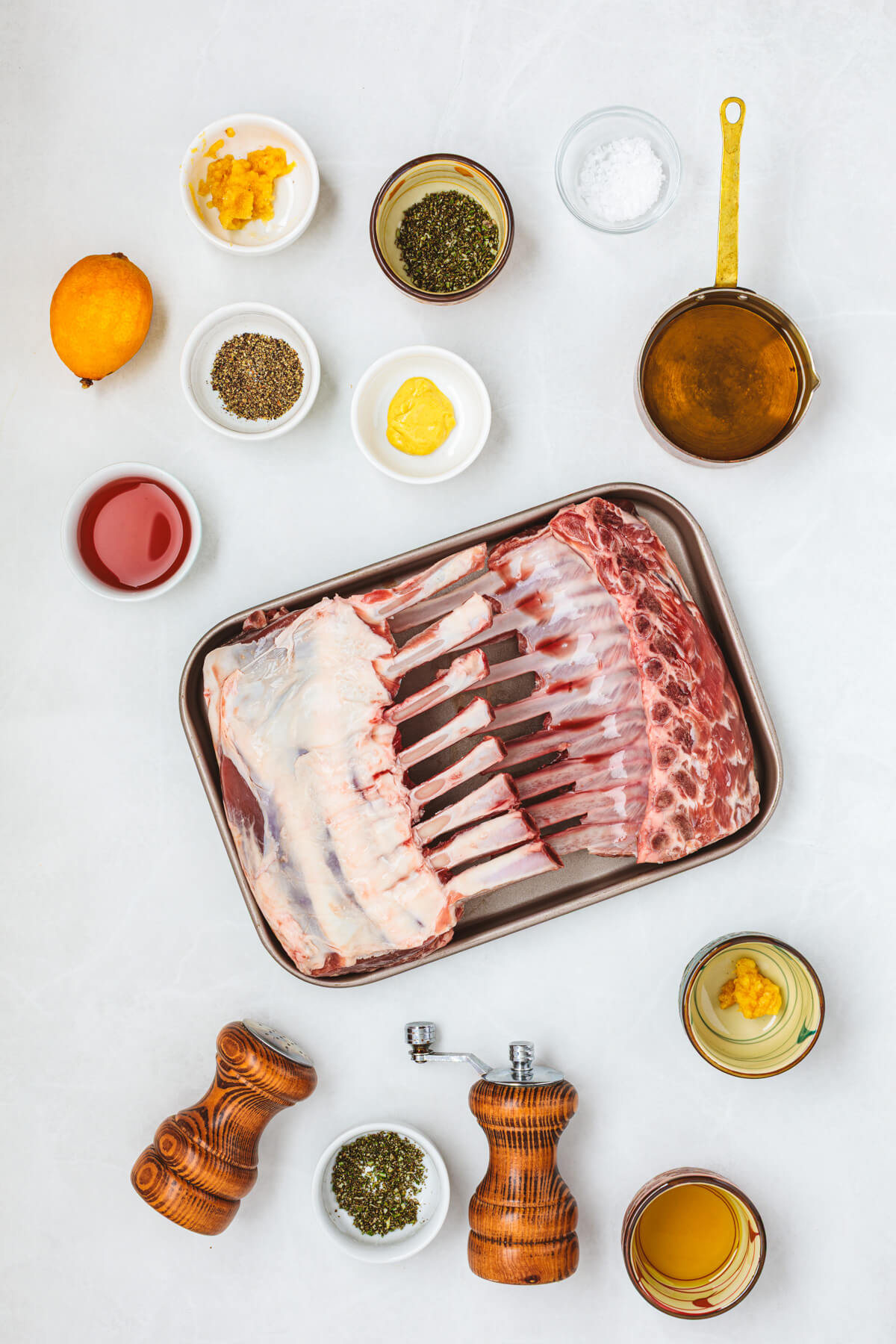 Ingredients required to make Grilled Rack of Lamb with a delicious rosemary Dijon finishing oil.
