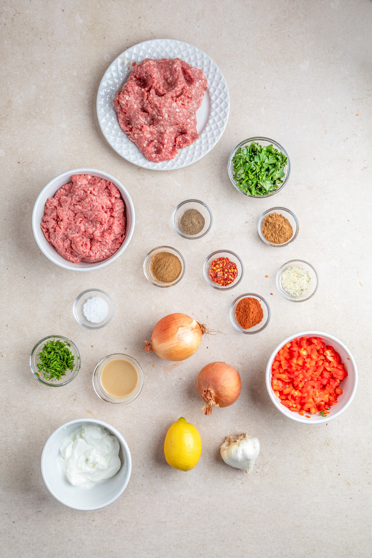 Ingredients required to make sheet pan kebabs with Greek yogurt tahini sauce.