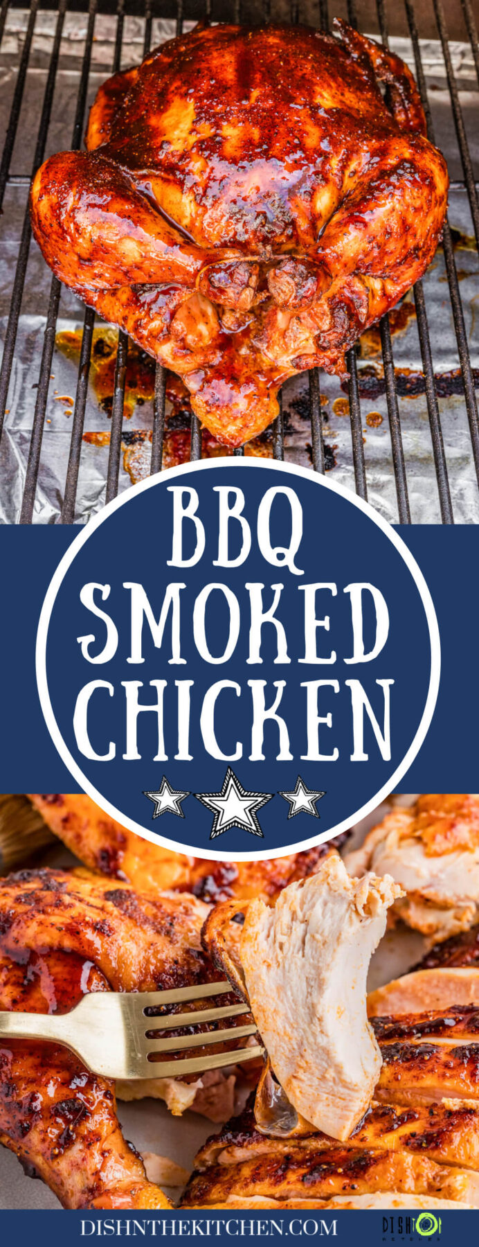 Pinterest image featuring a whole smoked BBQ Chicken on a grill and a fresh slice on a fork.