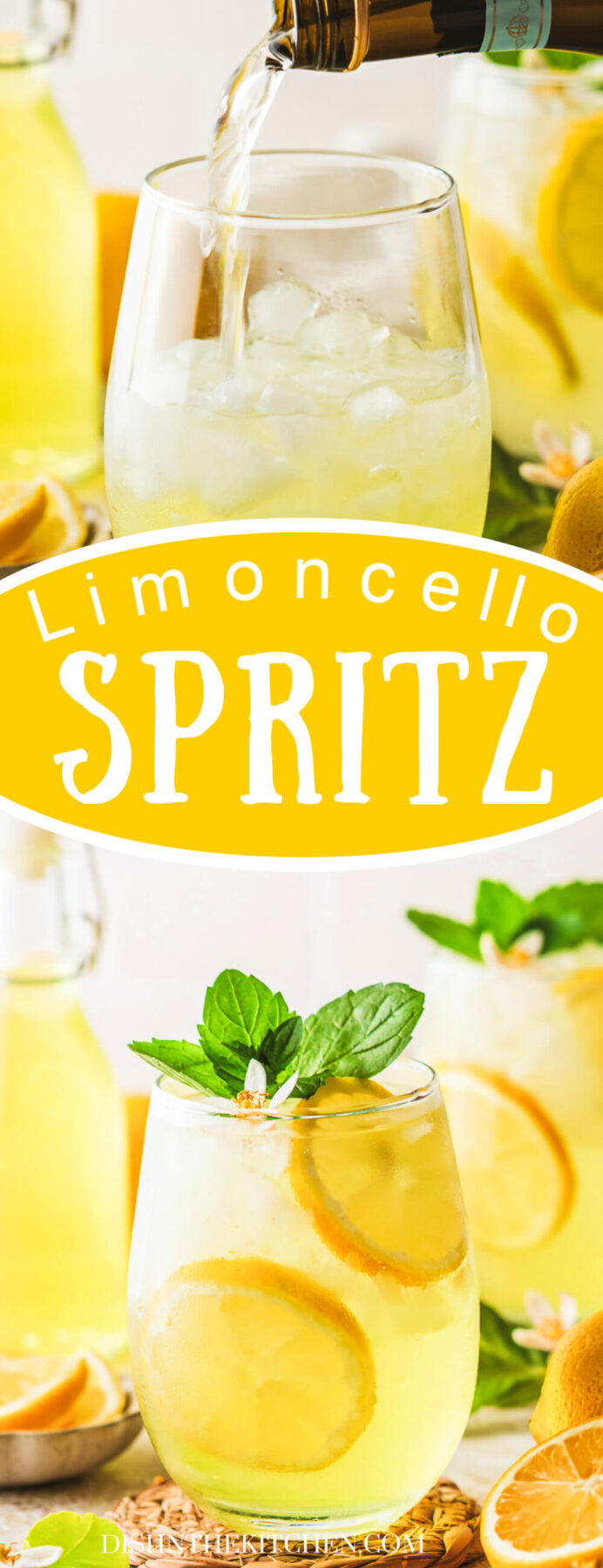 Pinterest image of sunny yellow cockails in stemless wine glasses garnished with fresh mint and lemon slices.