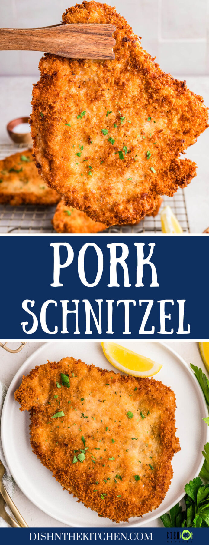 Pinterest image containing a large golden brown pork schnitzel on a plate and another help in the air by tongs.