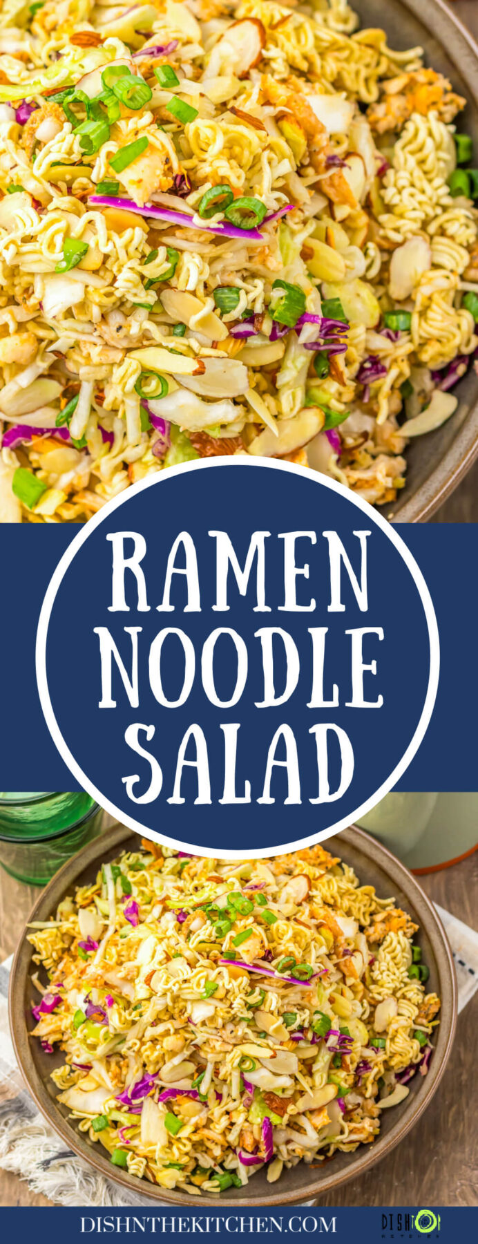 Pinterest image featuring large bowls filled wth vibrant ramen noodle salad.