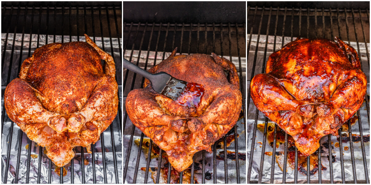 A series of process images showing how to smoke and baste a whole chicken.