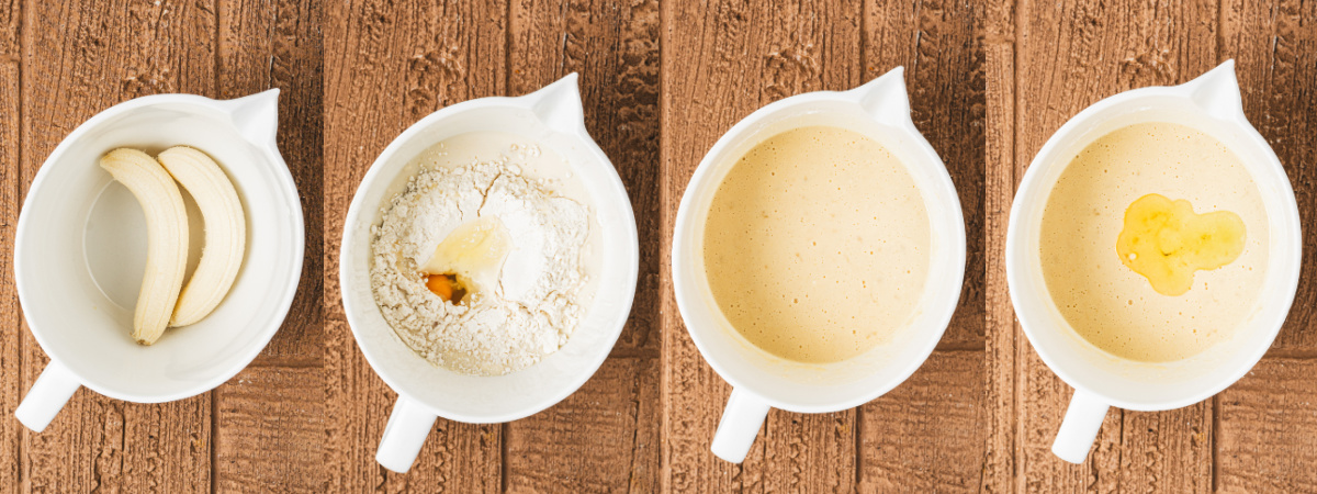 A series of process images showing how to mix up banana crepe batter.