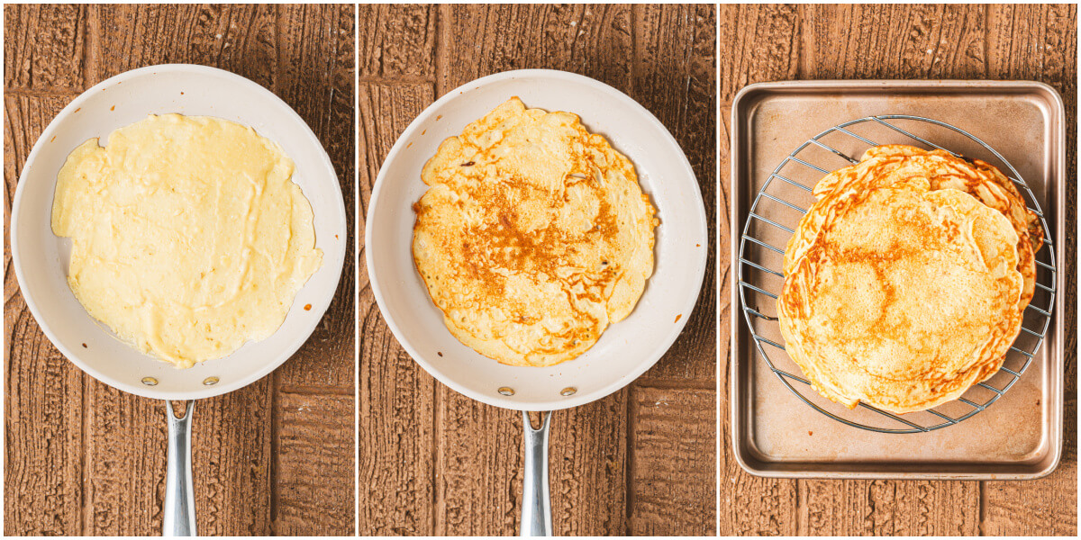 A series of process images showing how to cook a banana crepe in a pan.