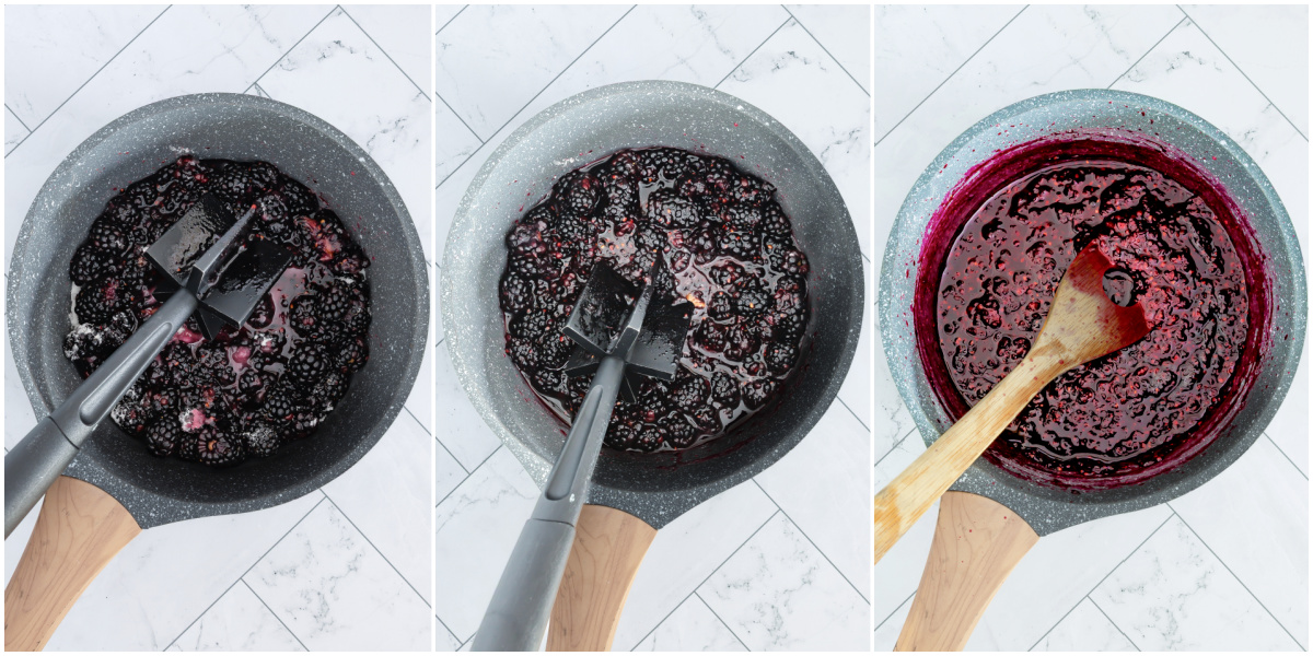 A series of process images showing how to make blackberry jam.