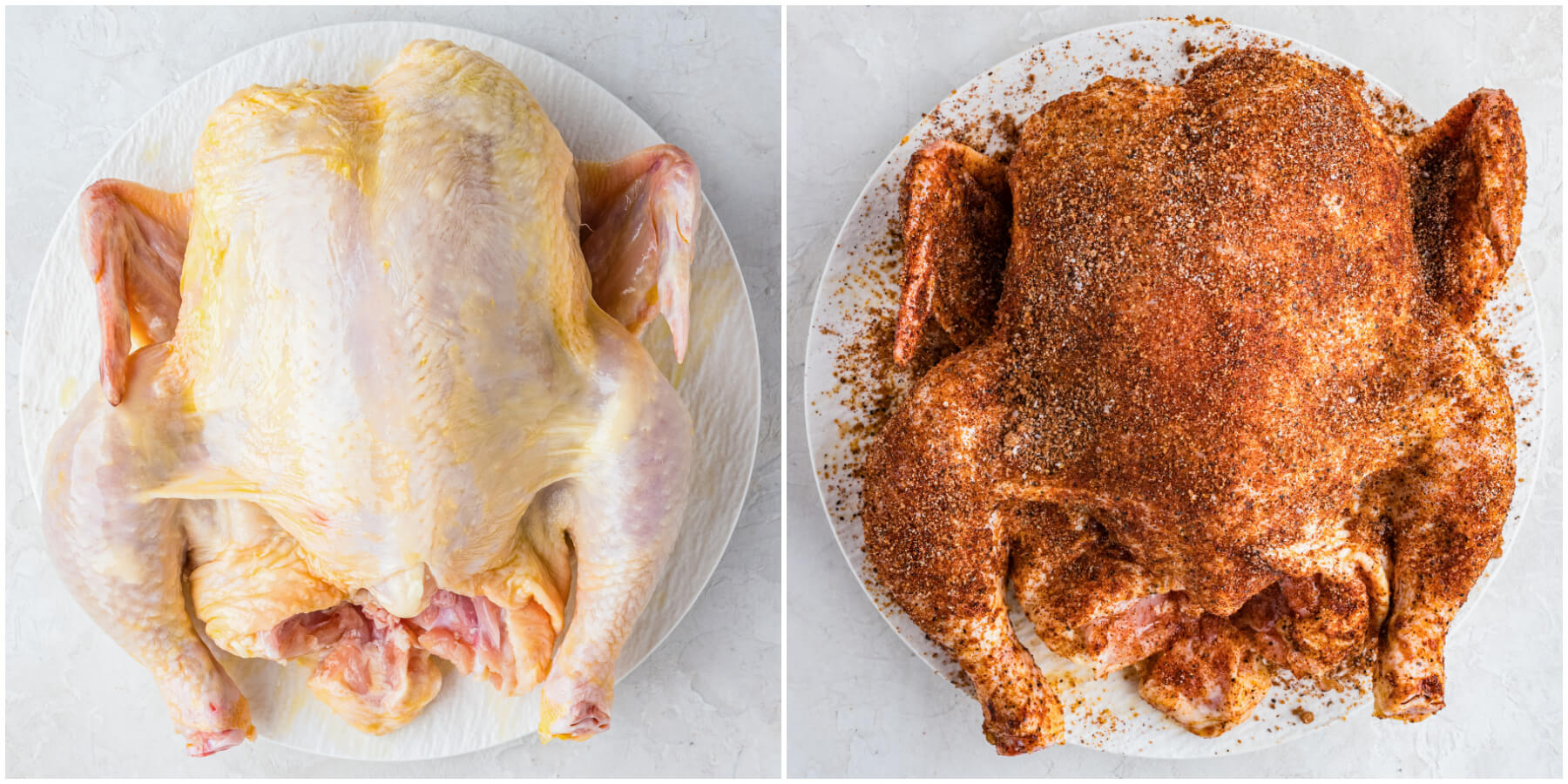 Two process images showing how to coat a whole chicken with a spice rub.