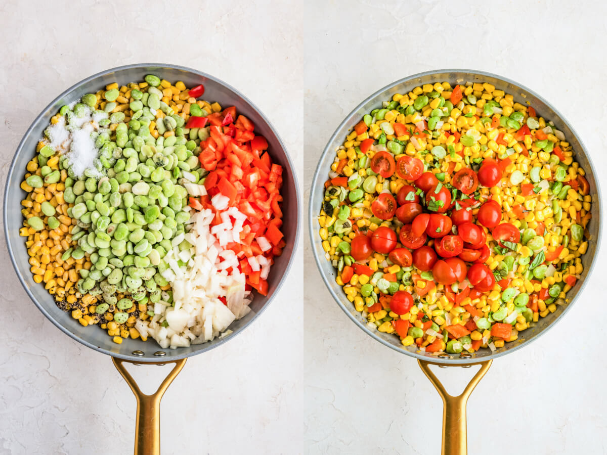 A series of process images showing how to make corn succotash in a skillet.
