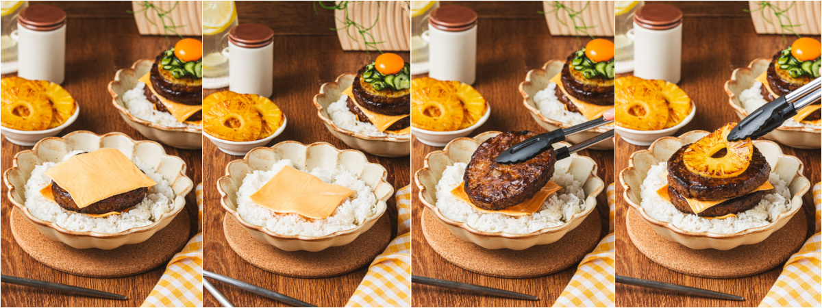 A series of process images showing how to stack Japanese Hambagu steaks with American cheese and caramelized pineapple slices, 