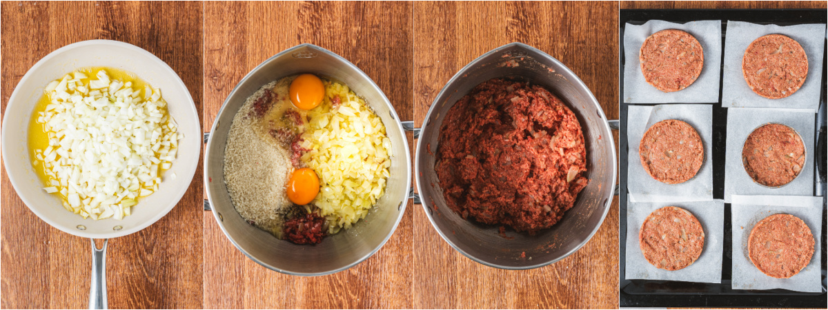 A series of process images showing how to mix and shape ground beef.