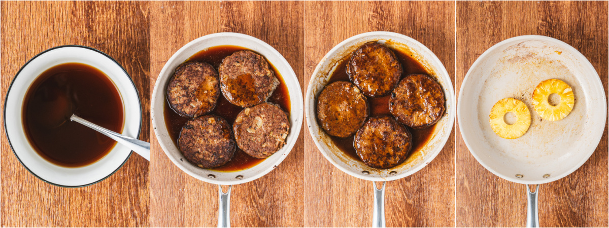 A series of process images showing how to coat Hambagu steaks in teriyaki sauce and caramelize pineapple slices.
