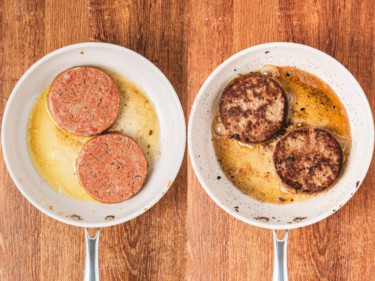 A series of two process images showing how to pan fry hambagu steaks.