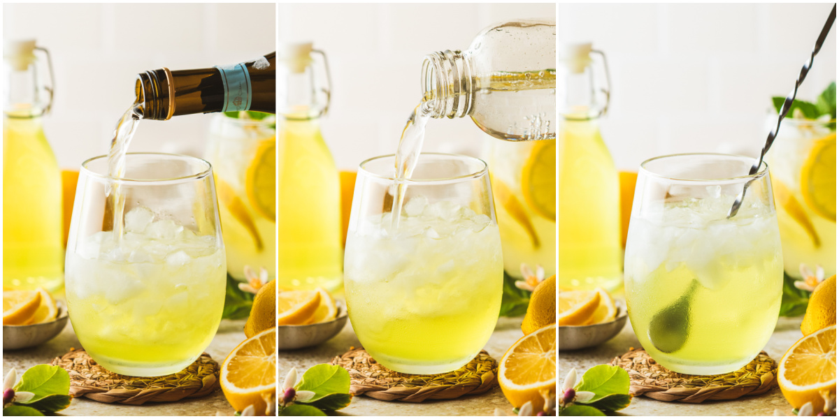 A series of process images showing how to make a Limoncello Spritz.