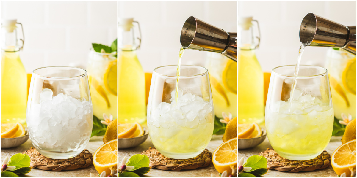 A series of process images showing how to make a Limoncello Spritz.