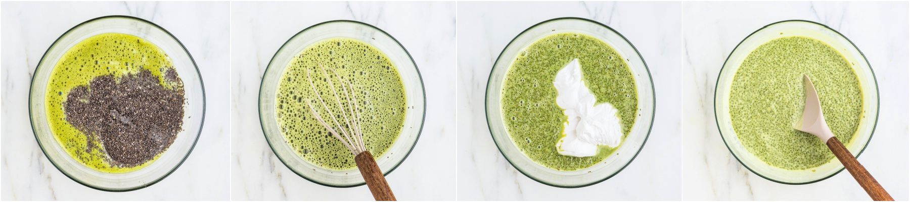 A series of process images showing how to add chia to matcha tea and add coconut cream to make pudding.