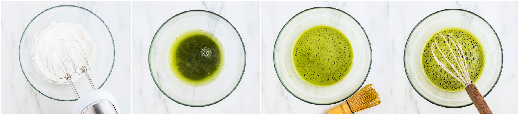 A series of photos showing how to whisk matcha tea.