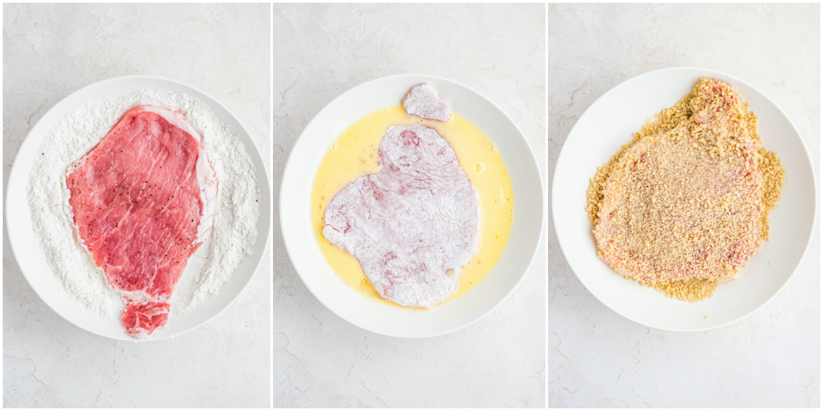A series of process images showing how to dredge pork schnitzel in flour, egg, and bread crumbs.