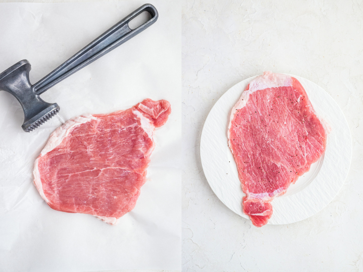 A series of process images showing how to pount a pork chop flat using a meat mallet.