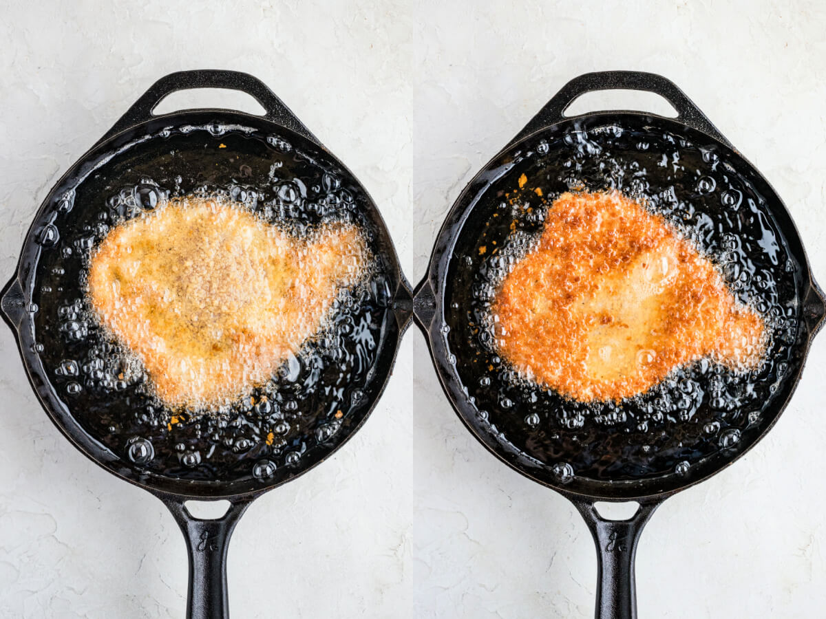 Two process images showing how to shallow fry a pork schnitzel.