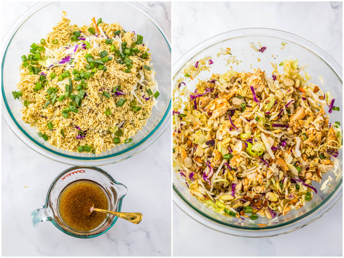 A series of two process photos showing how to mix up Ramen Noodle Salad.