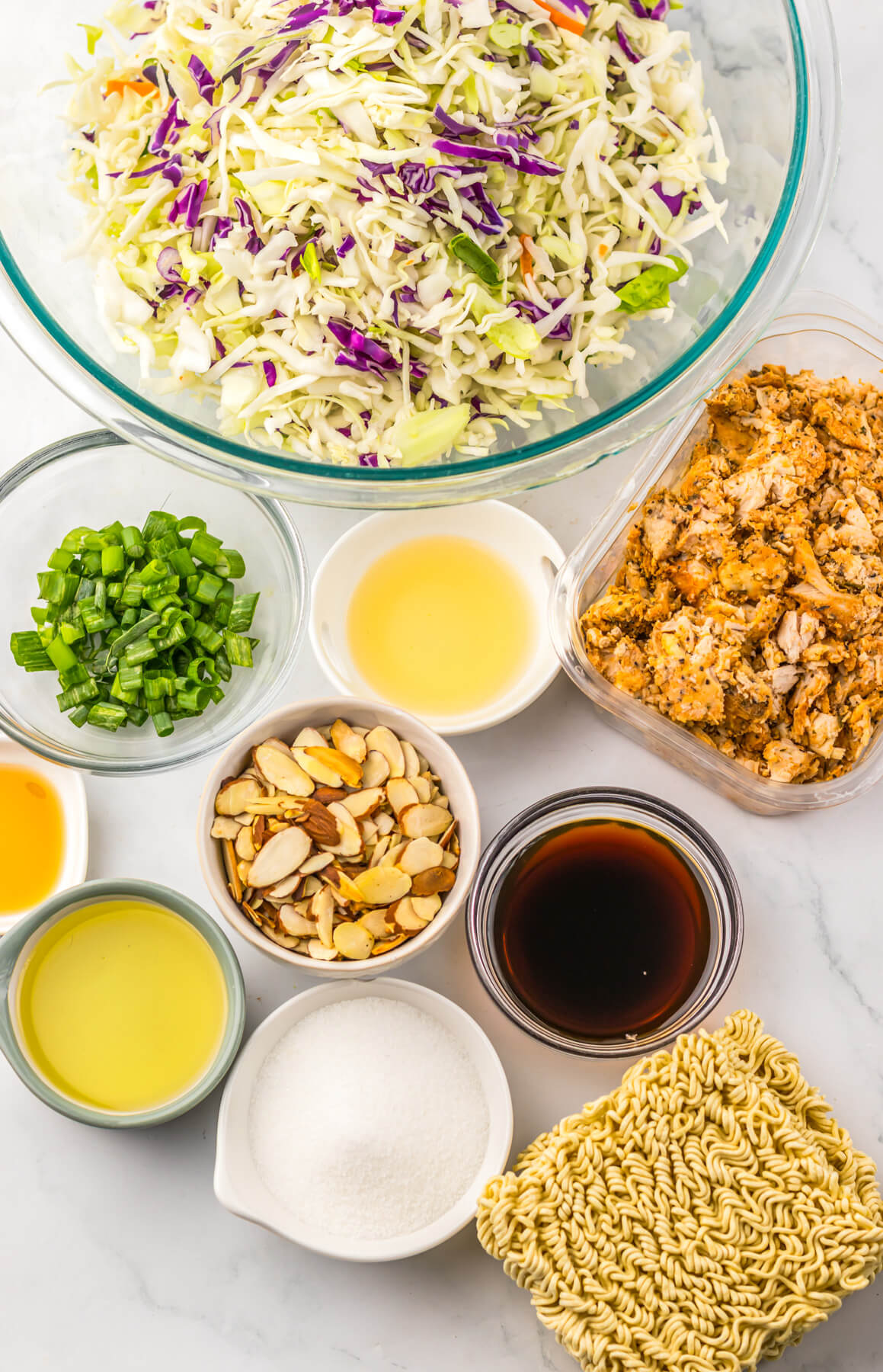 Ingredients required to make Ramen Noodle Salad with chicken.