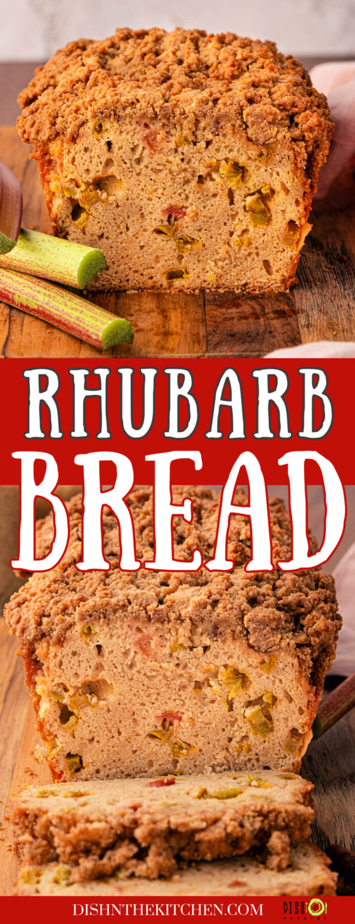 Pinterest image featuring slices of freshly baked Rhubarb Bread showing a bubbly texture and pieces of cooked rhubarb.