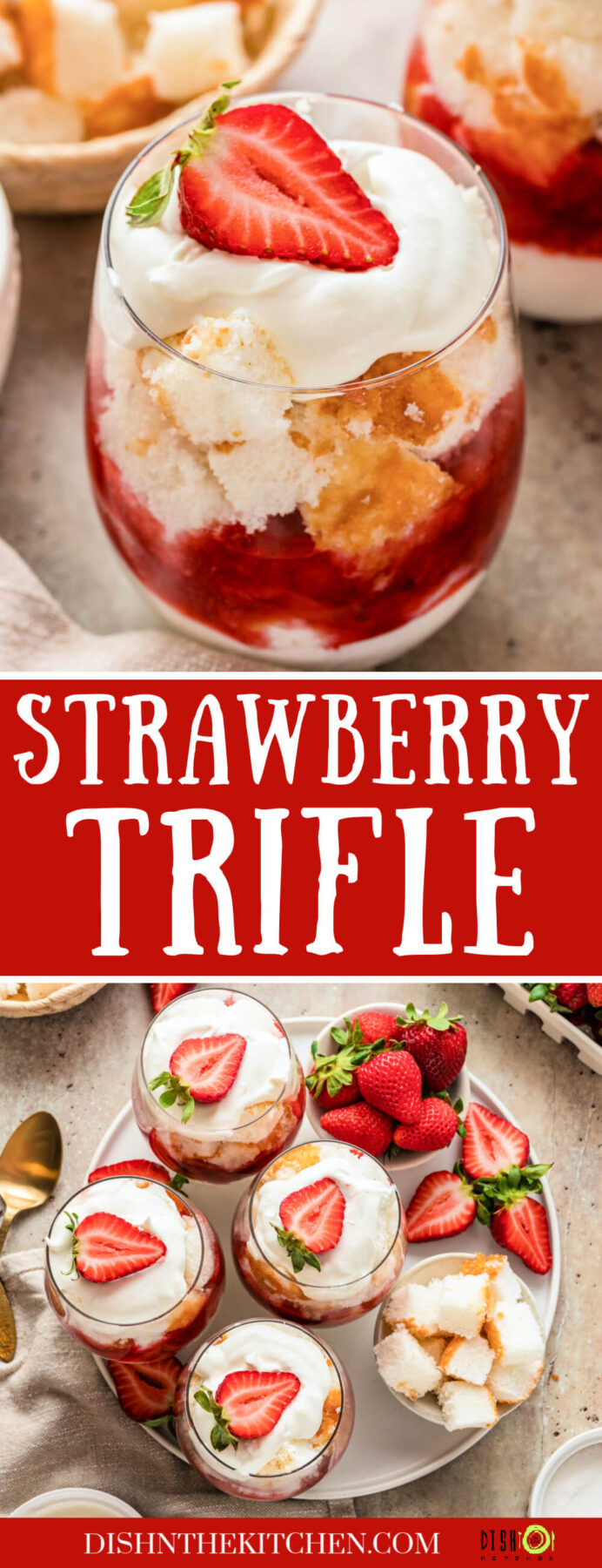 A pinterest image featuring mini strawberry trifles topped with whipped cream and fresh strawberries.