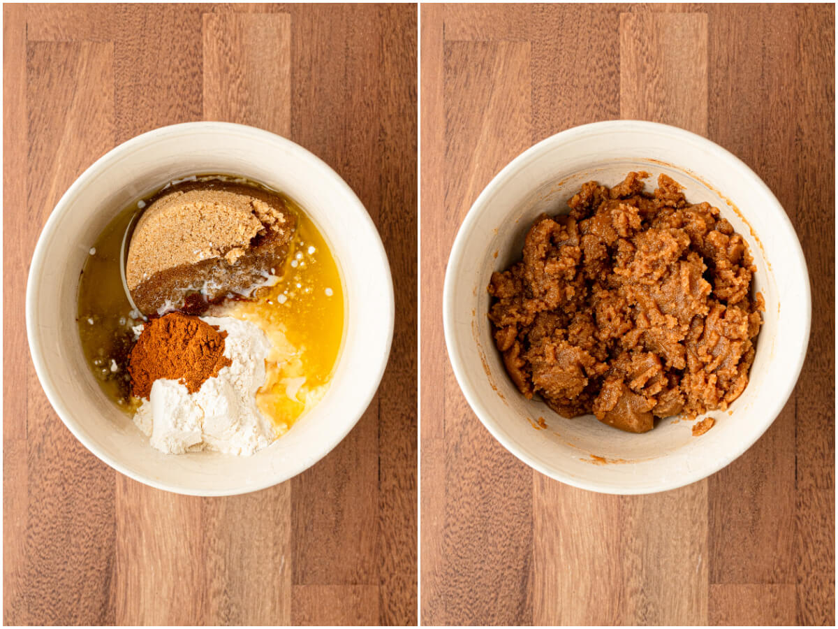 Process image showing how to mix crumble for the top of rhubarb bread.