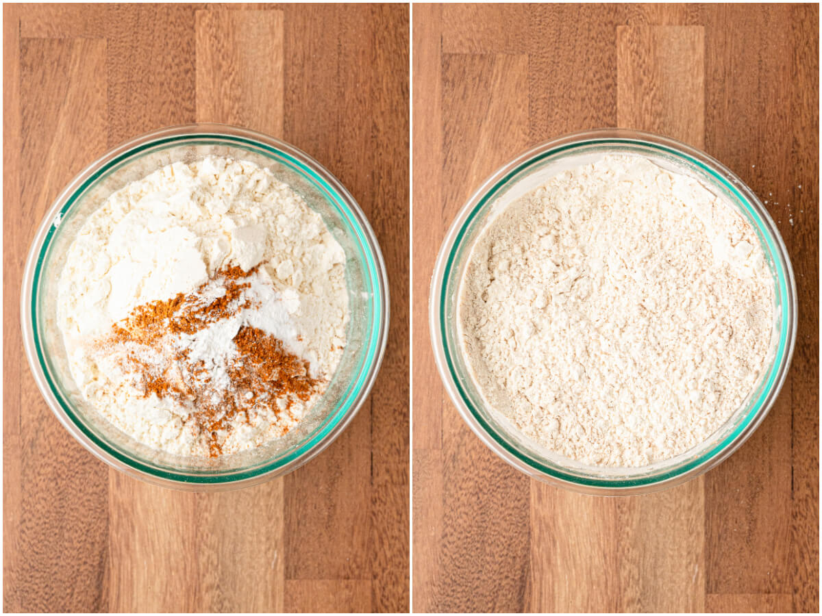Process image showing how to mix dry ingredients for rhubarb bread.