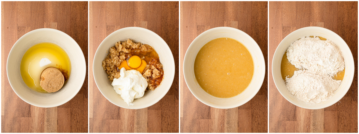 A series of process images showing how to mix wet ingredients and dry ingredients for rhubarb bread.