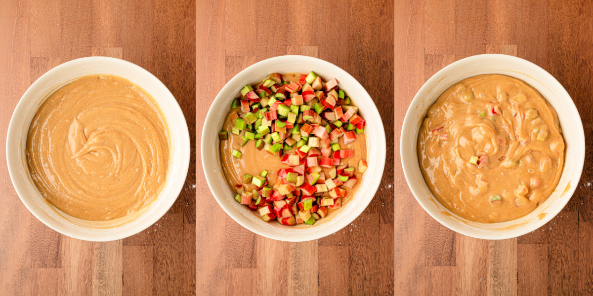 A series of process images showing how to add diced rhubarb to quick bread batter.
