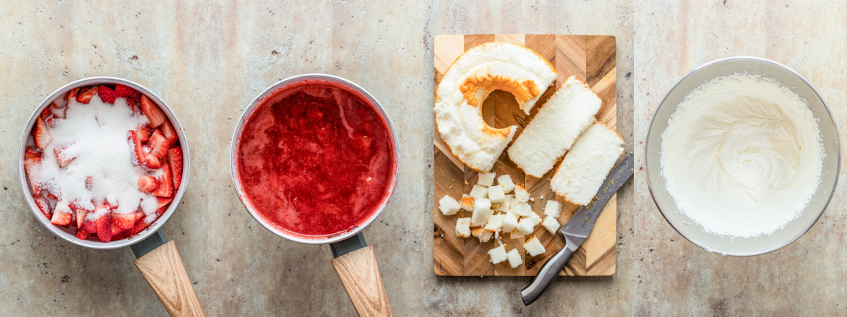 A series of process images showing how to prepare the components for strawberry trifle.