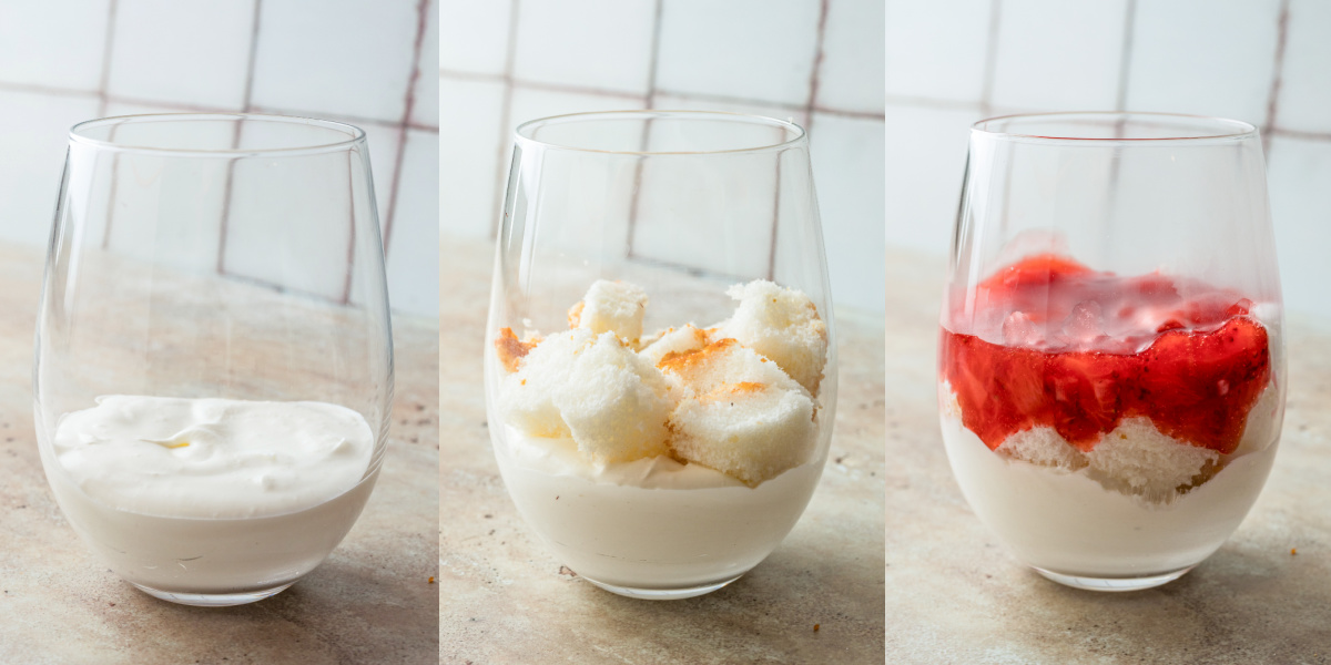 A series of process photos showing how to layer a strawberry trifle in a stemless wine glass.