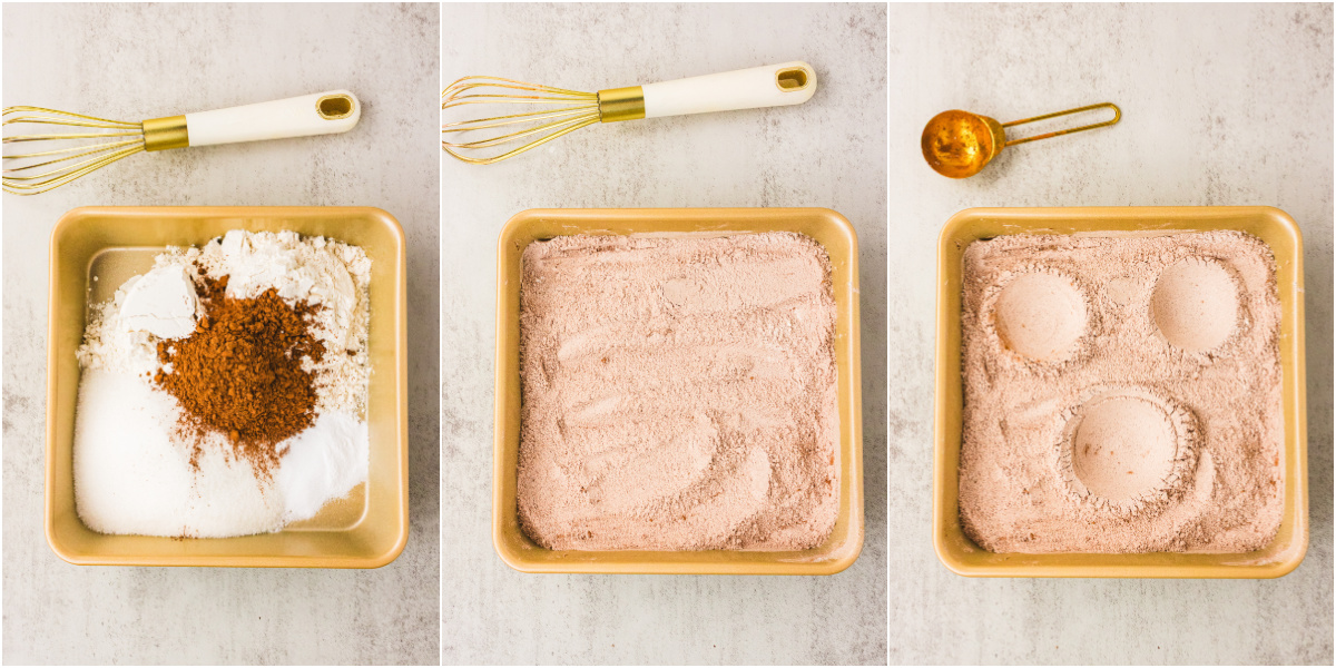 A series of process images showing how to mix the dry ingredients for wacky cake.
