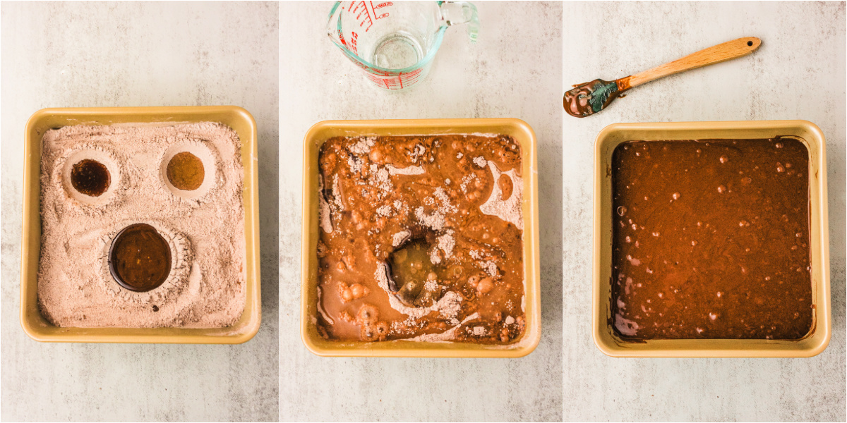 A series of process images showing how to add wet ingredients to dry ingredients to make a wacky cake.