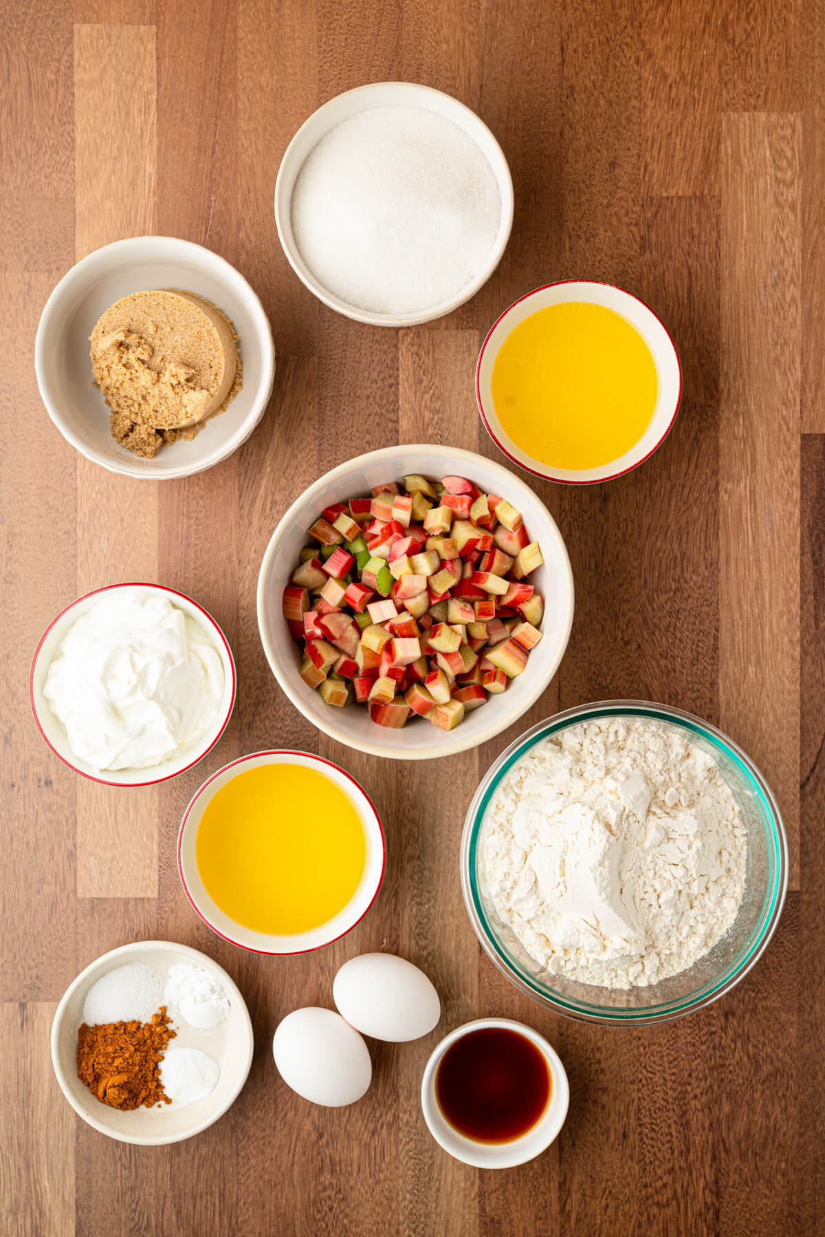 Ingredients required to make rhubarb bread.