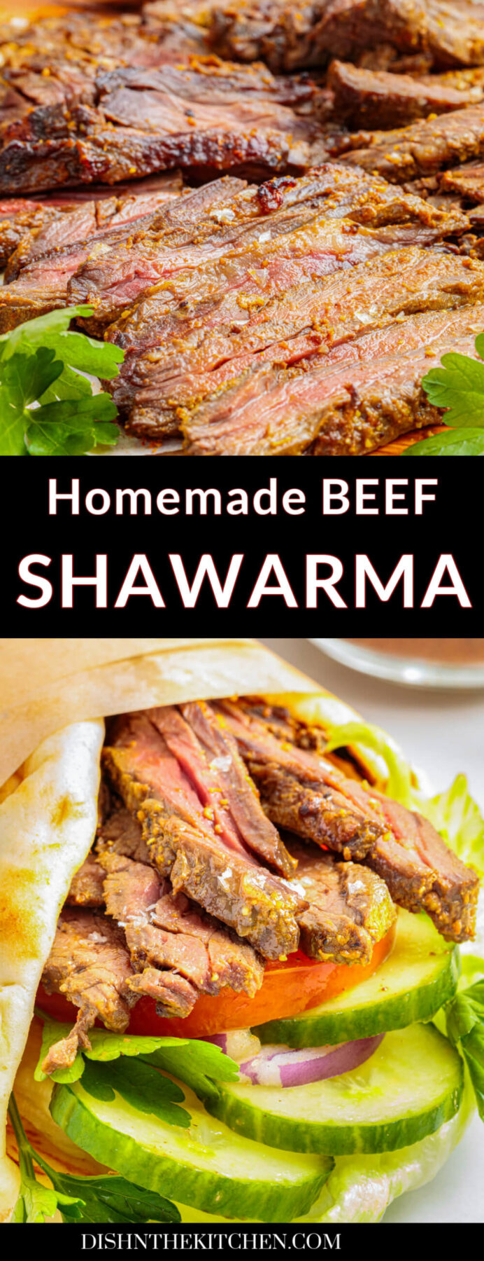 Pinterest image featuring juicy looking marinated and broiled beef shawarma on a plate and in a pita with vegetables.