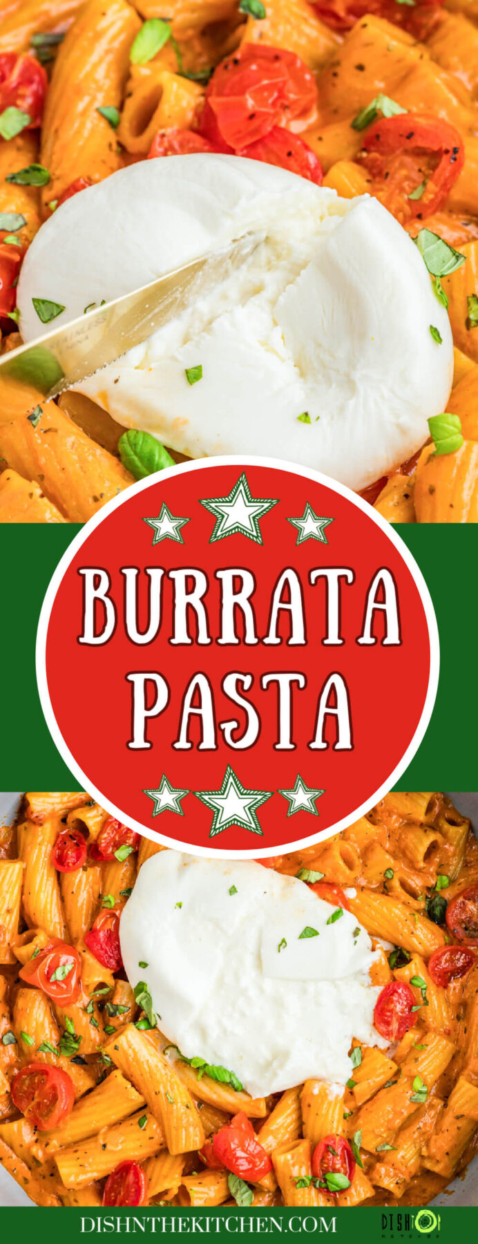 Pinterest image of a pot of vibrant creamy rigatoni pasta dotted with roasted cherry tomatoes, fresh herbs, and a ball of burrata cheese.