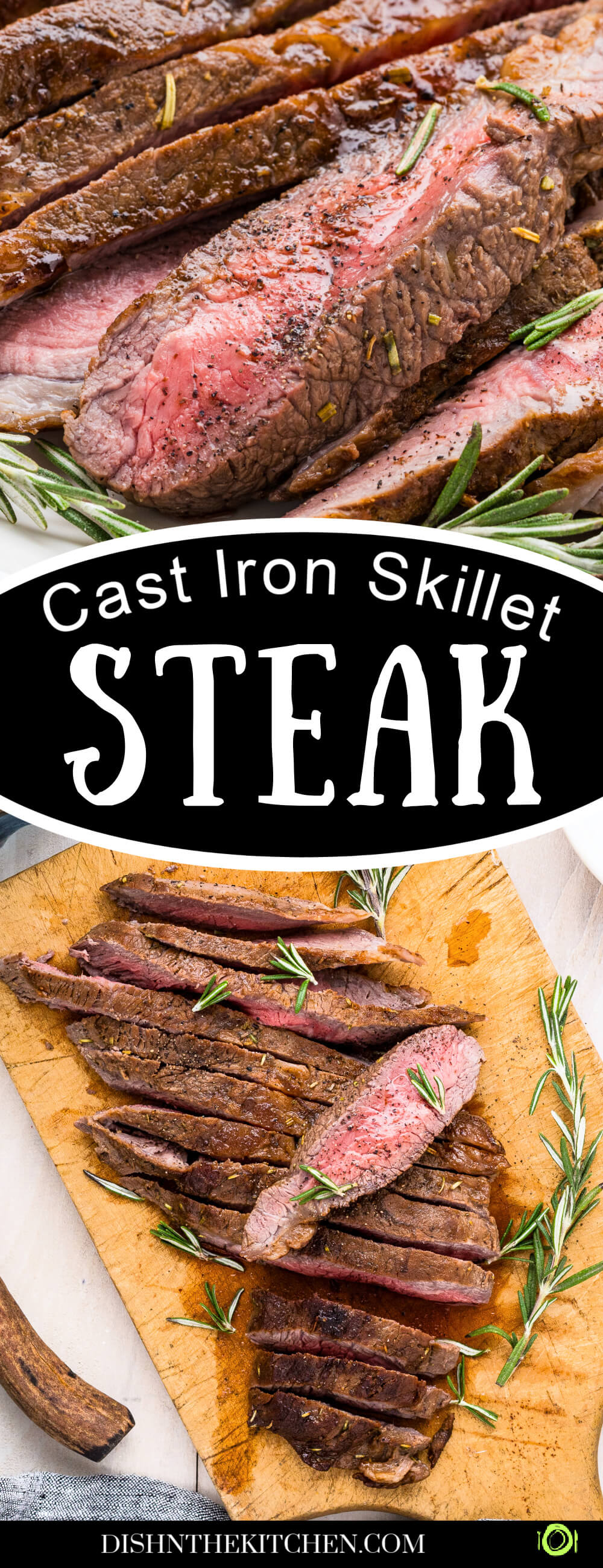 Pinterst image featuring strips of perfectly seared cast iron skillet steak on a cutting board.