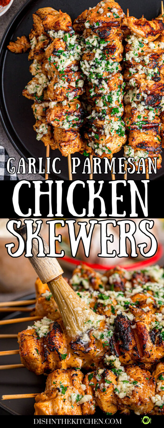 Pinterst image featuring juicy grilled chicken skewers brushed with garlic parmesan sauce.